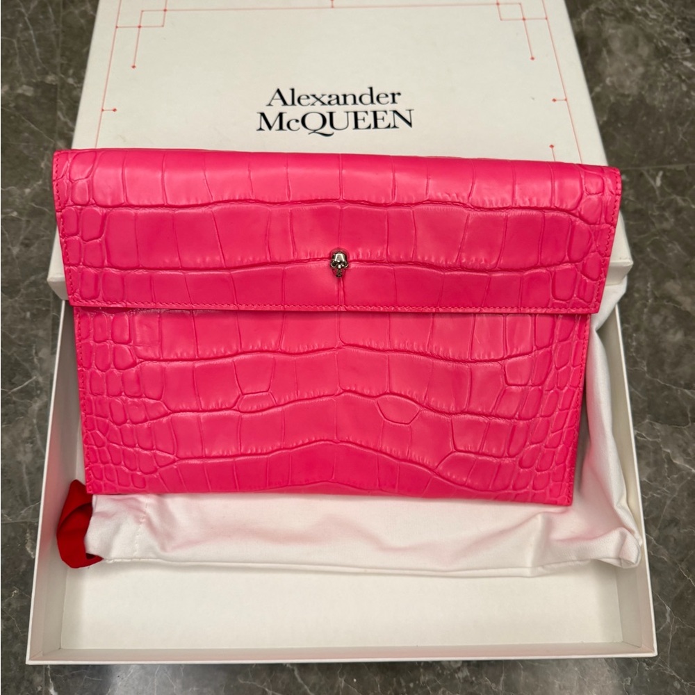 Alexander McQueen Neon Pink Croc-Embossed Leather Fold-Over Clutch